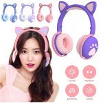 Wholesale Cat Ear and Paw LED Bluetooth Headphone Headset with Built in Mic, Luminous Light, Foldable, 3.5mm Aux In for Adults Children Home School (Light Purple)